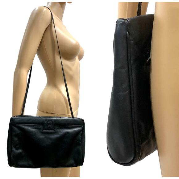 70s 80s Anne Klein Black Leather Shoulder Bag w Lion Face Logo - Picture 3 of 10